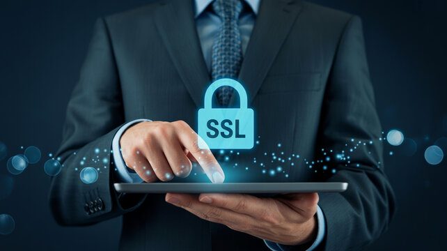 Businessman interacts with a tablet showing an SSL padlock icon representing data security and online protection