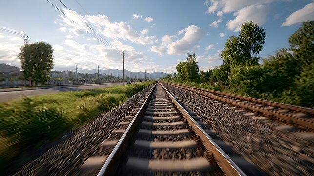 Parallel railroad tracks extending into the distance through a temperate landscape under a dramatic cloudy sky