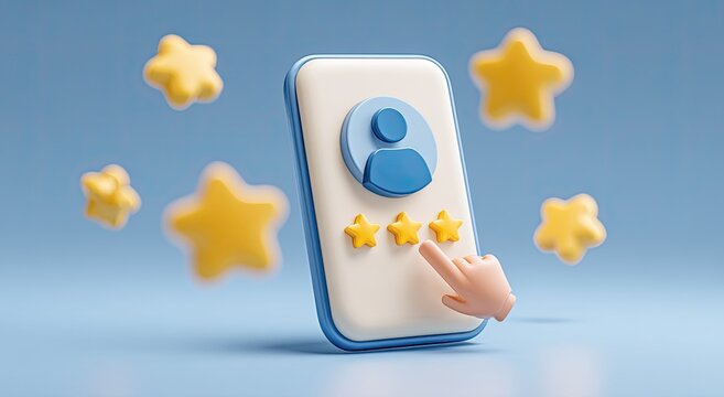 3D render of a finger selecting three stars on a phone screen, surrounded by yellow stars