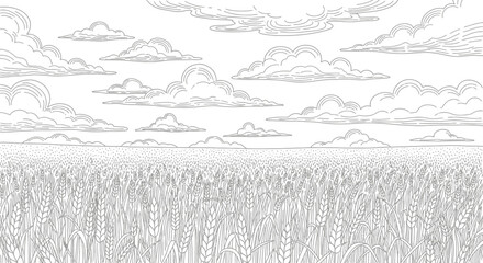 Black and White Line Art Illustration of Wheat Field under Cloudy Sky © ZAENAL