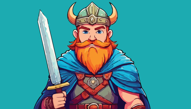 Cartoon Viking Warrior with Sword and Horned Helmet Illustration.