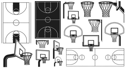 Collection of outline vector icons depicting basketball courts and various basketball hoops or baskets on an isolated white background. © ZAENAL