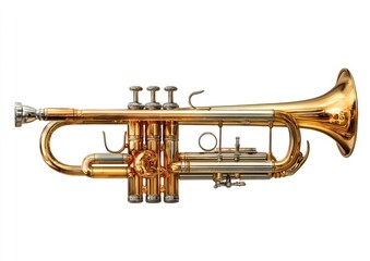 Obraz premium Gleaming brass trumpet with three valves and bell on a white background
