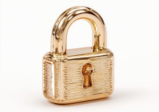 Gleaming gold padlock with ornate detailing and a shiny surface