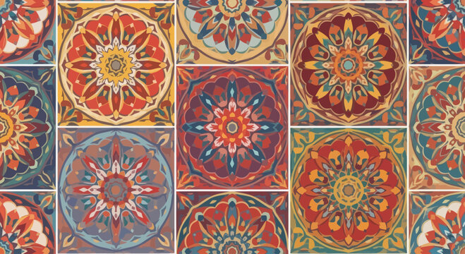 Intricate mosaic pattern featuring geometric floral mandala tiles in warm, earthy tones