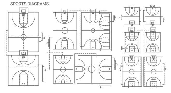 Grid of Basketball Court Diagrams Layouts for Sports and Game Strategy
