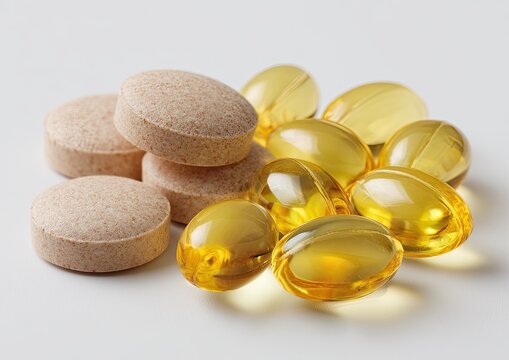 Pile of beige pills and translucent golden capsules on a white surface