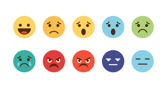 Set of Colorful Emotion Icons Vector Illustration Featuring Various Facial Expressions for User Interface and Digital Communication Design Elements