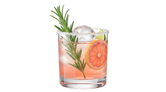 Paloma cocktail in glass isolated PNG on transparent background, refreshing grapefruit drink with rosemary garnish for summer
