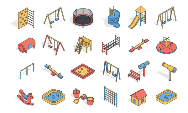 Isometric Playground Equipment Icons Set for Outdoor Park