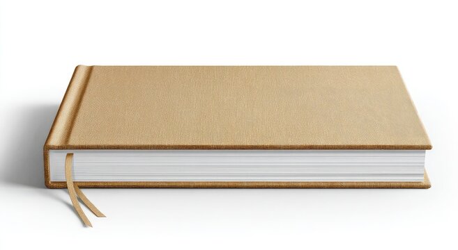 A blank, hardbound notebook with a textured tan cover and white pages