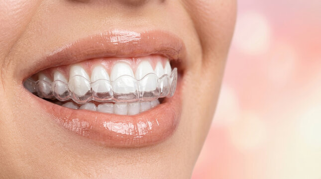 Dentist smile teeth clear aligner orthodontic mouth close up lip transparent dental care gentle confidence during orthodontic treatment with clear aligner teeth mouth close up with glossy lip