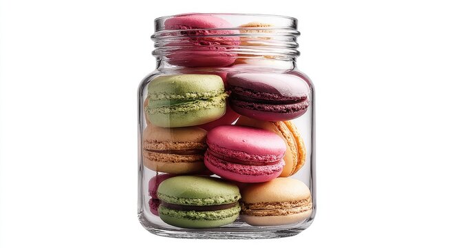Colorful French pastries artfully stacked inside a clear glass jar