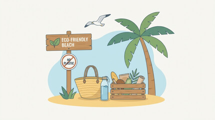 Obraz premium Illustration of an eco-friendly beach scene with a palm tree, seagull, wicker basket, and reusable bottle on sandy shore