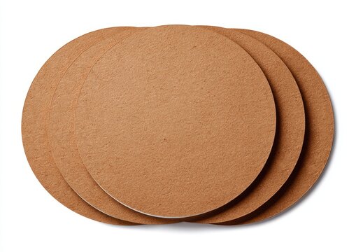 Stack of four light brown circular coasters, layered on white