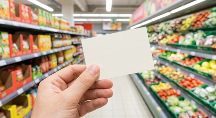 Fototapeta premium Hand holding blank paper note in supermarket aisle, grocery shopping concept, empty list for purchases, retail store background with copy space