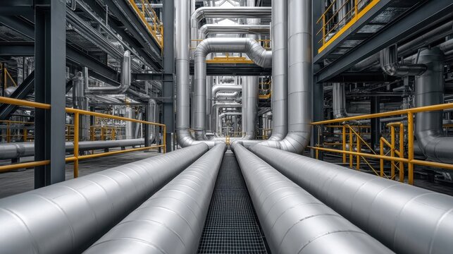 Detailed Top-Down View of Industrial Pipes and Infrastructure in a Modern Facility with Metallic Elements and Strong Lines