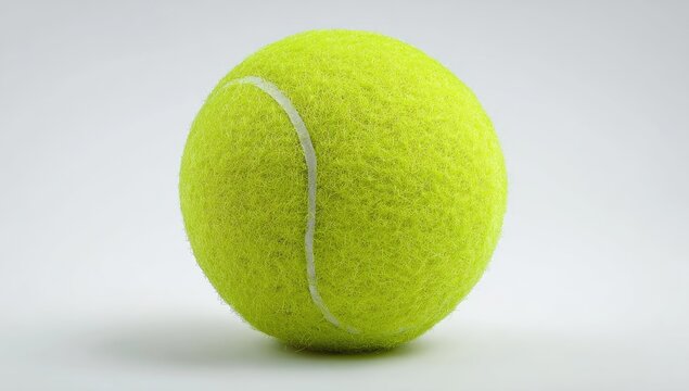 A bright yellow, fuzzy sports ball with a white curved seam against a white background