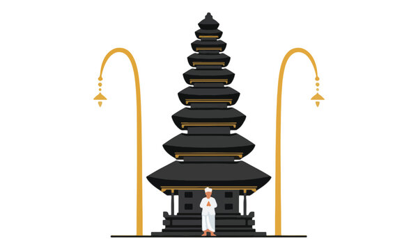 Bali Hindu Temple Meru Tower Illustration with Worshipper