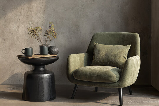 Contemporary neutral interior with olive upholstered chair and black side table featuring dried flowers and ceramic mugs, creating cozy and stylish living space with natural light