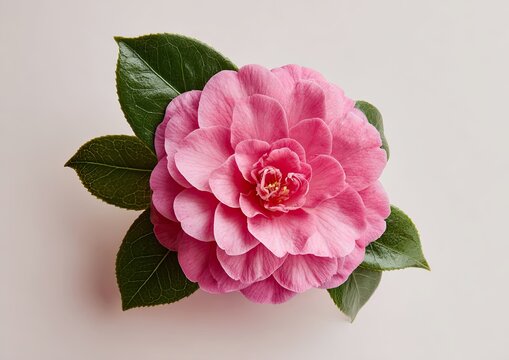 Soft pink camellia with lush green leaves on a pale background
