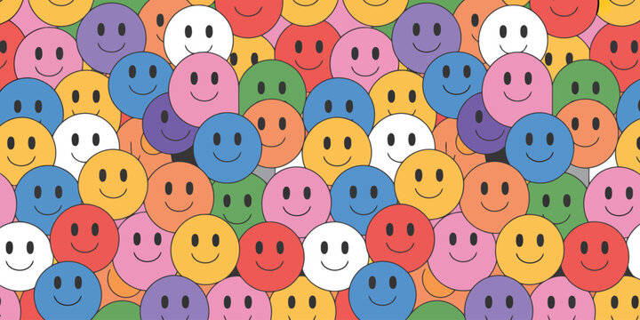 Many bright colorful happy smiley faces form a seamless pattern on a simple clean white backdrop