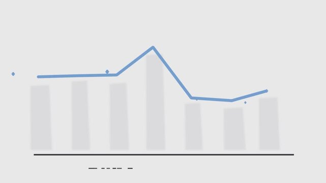 Minimalist blue line graph rising and falling on white bar chart background, data trend analytics