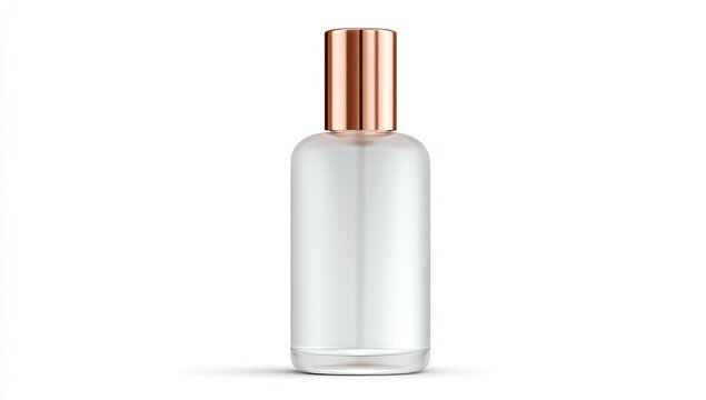 Elegant clear glass spray bottle with rose gold cap, on white background