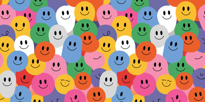 Many colorful irregularly shaped happy smiling faces form a whimsical and cheerful seamless pattern