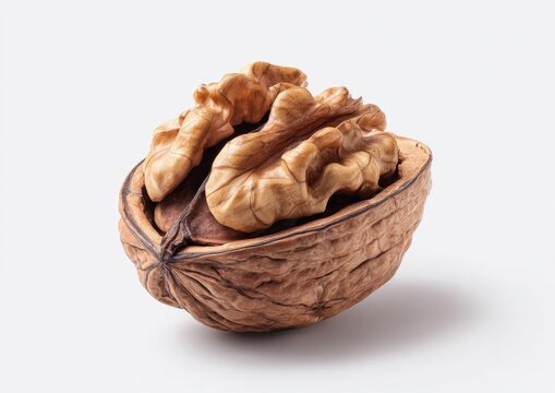 A cracked walnut reveals its textured kernel against a plain white background