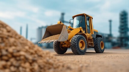 Fototapeta premium Heavy Machinery at Construction Site with Detailed Close-Up of Loader Handling Gravel and Earth Materials Under Clear Sky