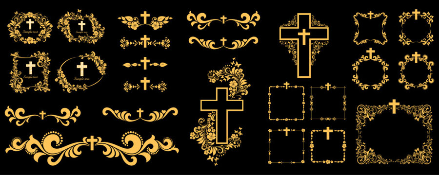 Cross icons set. Obituary notice - art deco frames with cross. Collection of gold Christian Symbol design elements isolated on black background. Church and pray, religion and resurrection. Vector