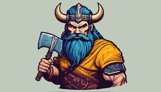 Fierce Viking Warrior with Axe and Horned Helmet Illustration.
