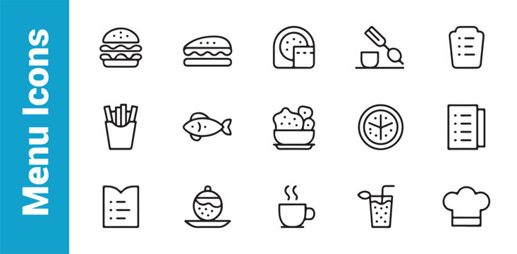 Restaurant food menu icon set line art collection with fast food drinks and appetizers for cafe website design.