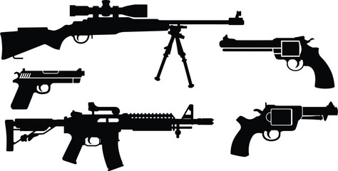 Set of various weapon silhouettes featuring long range rifle automatic carbine and classic pistols for defense security and shooting sport designs. © Sumaiya