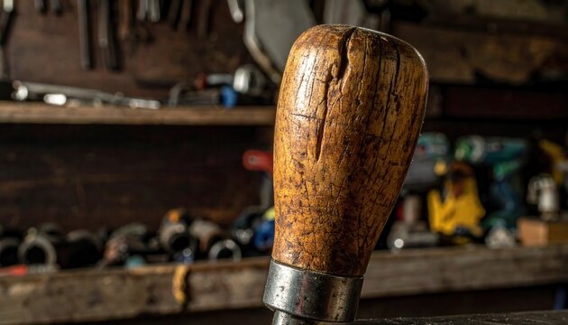 Close up of a cracked, worn wooden tool handle with a metal ferrule, in a workshop setting