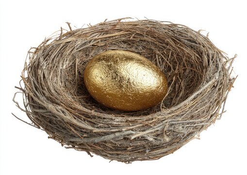 A single, shiny golden egg rests in a rough, twig-woven bird's nest