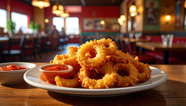 Crispy Golden Fried Calamari Rings Served with Spicy Aioli Dipping Sauce on a White Plate