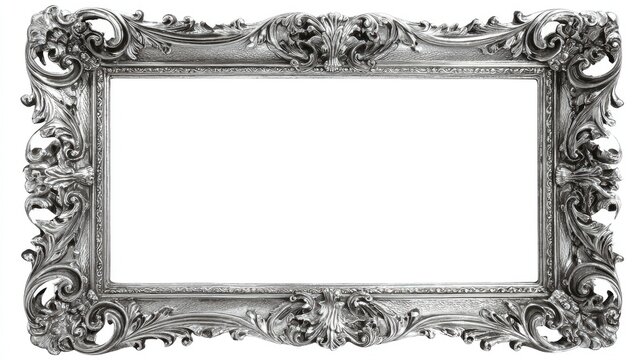 Ornate, silver, rectangular frame with elaborate scrolled detailing