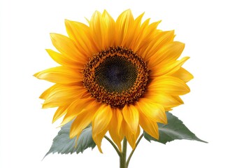 Fototapeta premium A vibrant, large sunflower with bright yellow petals and a dark center on a white background