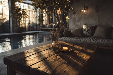 Fototapeta premium Cozy warm light in minimalist living room with rustic wooden table, dried flowers in glass jar, lit candle, and comfortable sofa near indoor pool creating peaceful atmosphere