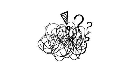 Abstract Tangle of Chaotic Lines and Question Marks on Transparent Background. A black line art, messy knot of scribbled lines. Psychological distress, intellectual challenges, hand-drawn doodle style © Iryna