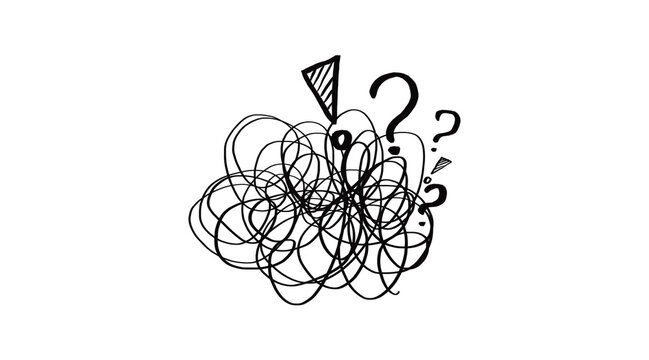 Abstract Tangle of Chaotic Lines and Question Marks on Transparent Background. A black line art, messy knot of scribbled lines. Psychological distress, intellectual challenges, hand-drawn doodle style