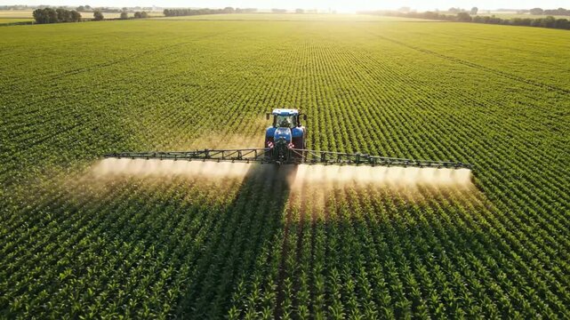 Tractor spraying fertilizer on a green field.