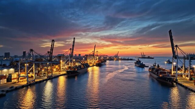 Aerial drone shot of a busy industrial port with cargo ships at sunset, showcasing global trade and logistics operations.
