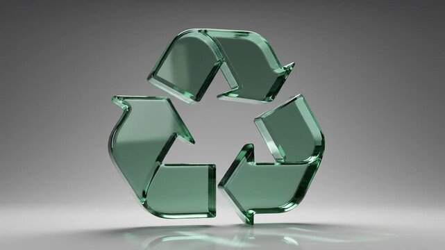 A three-dimensional translucent green glass recycling symbol isolated on a gradient background, showcasing environmental consciousness and sustainable practices.
