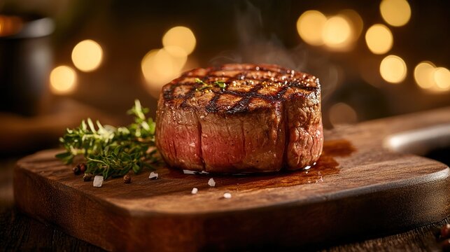 fillet. A premium steak with perfect grill marks on a rustic wooden board, garnished with herbs. menu design, packaging mockups, designed for food delivery and cloud-kitchen brand materials.