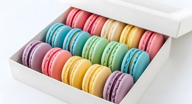 A Box of Colorful Macarons on White Background for Dessert Lovers