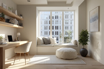 Fototapeta premium Daylight apartment interior with desk and cozy seating area by large window, soft cushions, pouf, wooden floor, and green plant creating warm and inviting atmosphere