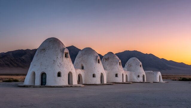 White Dome Shaped Buildings in Desert at Sunset